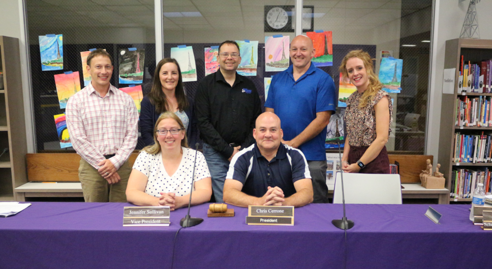The SGI Board of Education. Second row (from left): Joseph Lowry III, Michele Idzik, Daniel Miess, Bryon Bobseine, Jessica Schuster in the second row. First row (from left): Jennifer Sullivan, vice president, and Chris Cerrone, president.