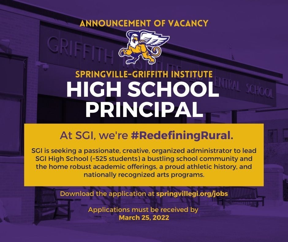 Filtered image of SGI High School with information pertaining to the High School Principal opening included. Accessible details can be found at springvillegi.org/jobs.