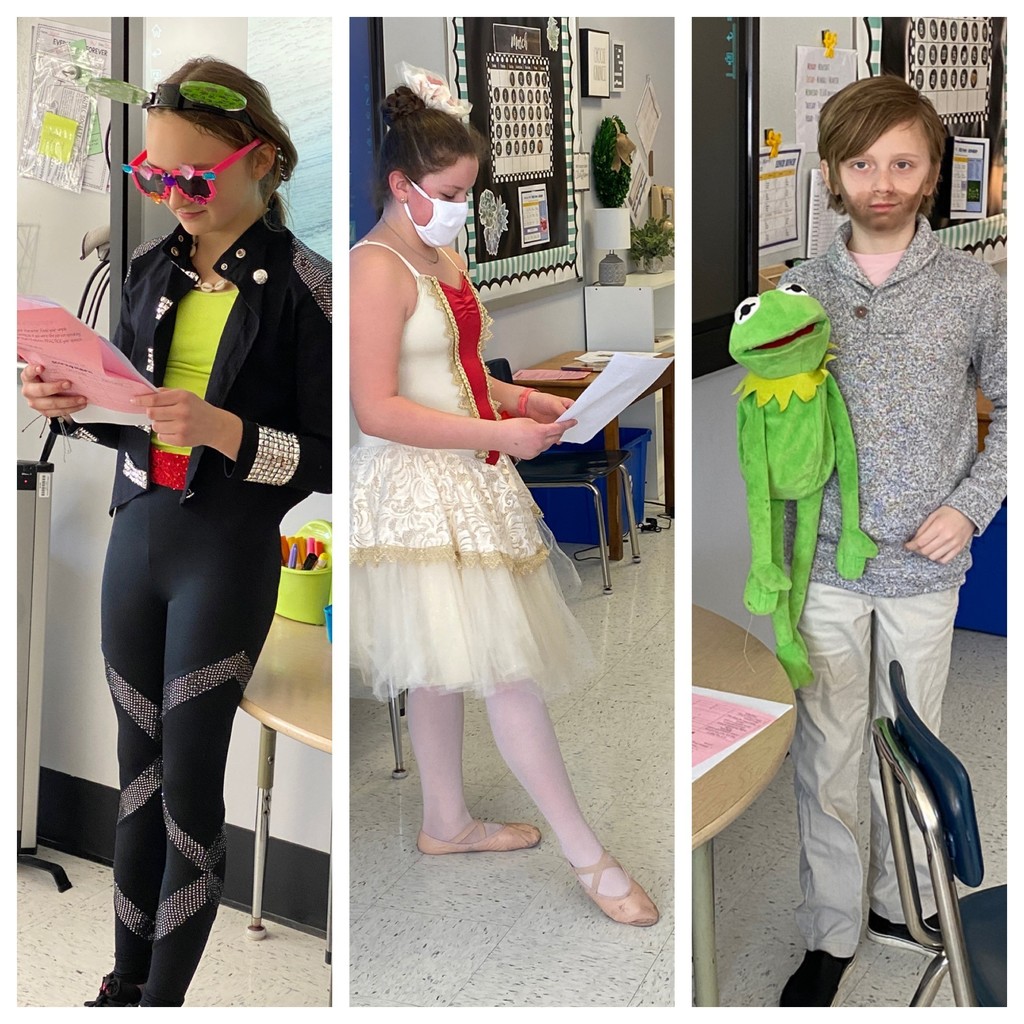 A collage of a student dressed as Elton John, as Maria Tallchief, and as Jim Henson.