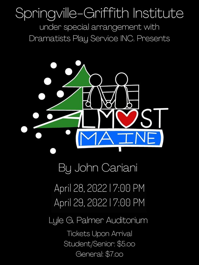 Almost, Maine poster with show times and dates on April 28 and 29, both at 7 p.m. 