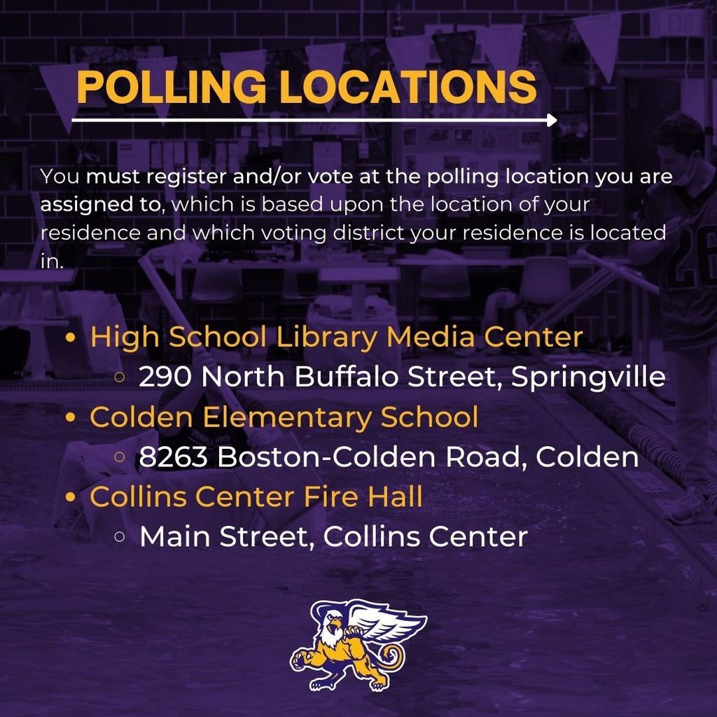 Polling Locations: You must register and/or vote at the polling location you are assigned to, which is based upon the location of your residence and which voting district your residence is located in.  1. High School Library Media Center, 290 North Buffalo Street, Springville. 2.  Colden Elementary School, 8263 Boston-Colden Road, Colden. Collins Center Fire Hall, Main Street, Collins Center.