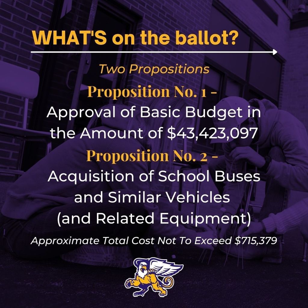 What's on the ballot?  Two Propositions. Proposition No. 1 -  Approval of Basic Budget in the Amount of $43,423,097.  Proposition No. 2 -  Acquisition of School Buses and Similar Vehicles  (and Related Equipment).  Approximate Total Cost Not To Exceed $715,379.