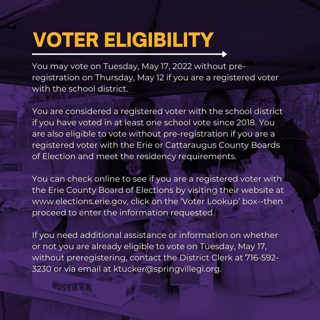 You may vote on Tuesday, May 17, 2022 without pre-registration on Thursday, May 12 if you are a registered voter with the school district.  You are considered a registered voter with the school district if you have voted in at least one school vote since 2018. You are also eligible to vote without pre-registration if you are a registered voter with the Erie or Cattaraugus County Boards of Election and meet the residency requirements.   You can check online to see if you are a registered voter with the Erie County Board of Elections by visiting their website at www.elections.erie.gov, click on the ‘Voter Lookup’ box--then proceed to enter the information requested.   If you need additional assistance or information on whether or not you are already eligible to vote on Tuesday, May 17, without preregistering, contact the District Clerk at 716-592-3230 or via email at ktucker@springvillegi.org.
