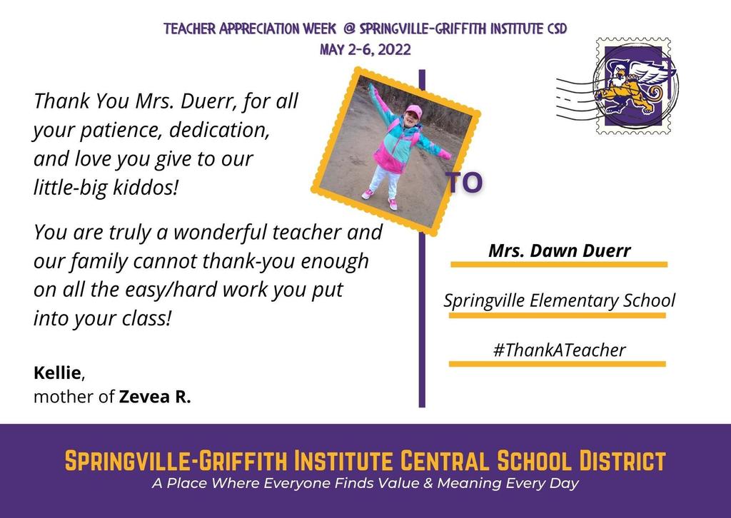Thank you, Mrs. Duerr, for all your patience, dedication, and love you give to our little-big kiddos! You are truly a wonderful teacher and our family cannot thank you enough on all the easy/hard work you put into your class! Kellie, mother of Zevea R.