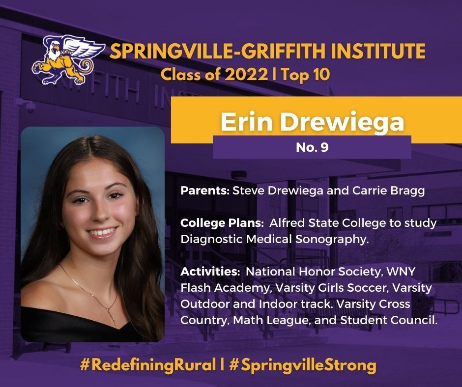 Erin Drewiega is the daughter of Steven Drewiega and Carrie Bragg. She will attend Alfred State College to study Diagnostic Medical Sonography.   At SGI, Drewiega was involved in National Honor Society, WNY Flash Academy, Varsity Girls Soccer, Varsity Outdoor and Indoor track. Varsity Cross Country, Math League, and Student Council. Her honors and awards include All Team WNY Midfielder for ECIC 4 (Girls Varsity Soccer) 2021-2022, two-time ECIC 1st team (2020-2022), and ECIC 2nd team (2019-2020).   Her hobbies and interests include soccer, going to the gym, reading, cooking and baking. 