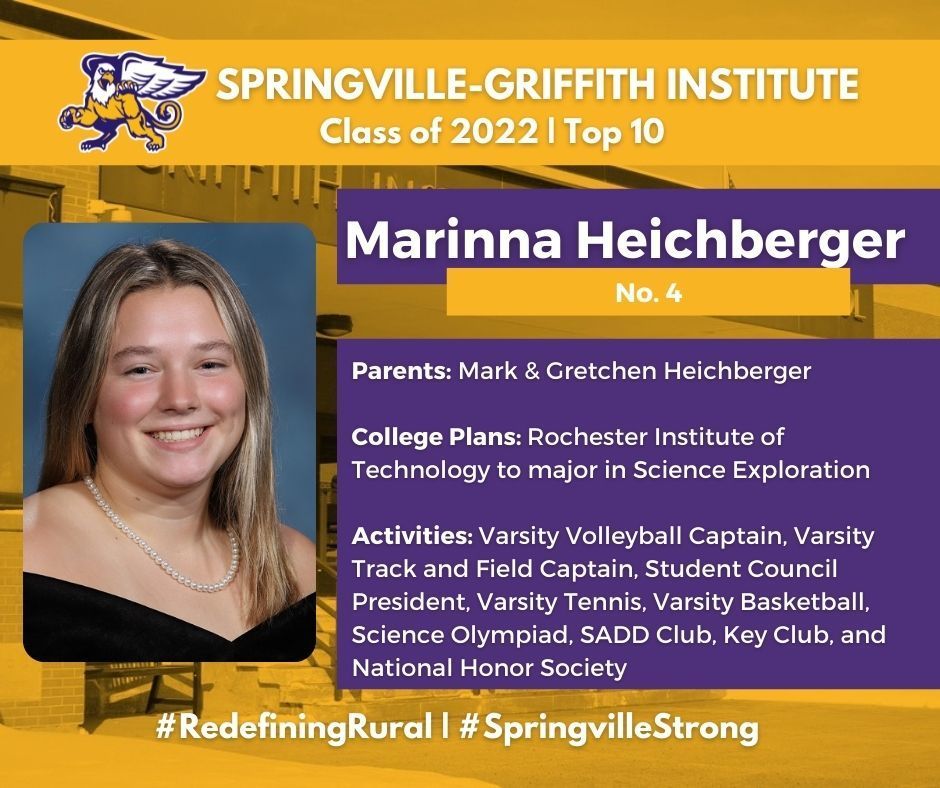 Marinna Hechberger is the daughter of Mark and Gretchen Heichberger. She will attend Rochester Institute of Technology to major in Science Exploration, where she will be a member of the Track and Field team.     At SGI, Heichberger served as Varsity Volleyball Captain, Varsity Track and Field Captain, and Student Council President, and participated in Varsity Tennis, Varsity Basketball, Science Olympiad, SADD Club, Key Club, and National Honor Society.  Her awards and honors include Student of the Month. Distinguished Character, All WNY Scholar Athlete, Sectional Champion in Track and Field and Volleyball, Field MVP for Small Schools in Indoor Track, Bausch & Lomb Honorary Science Award and Scholarship, and the Brooke Walker Life Award  Her hobbies and interests include cooking, sports, hiking, pickleball, and traveling.