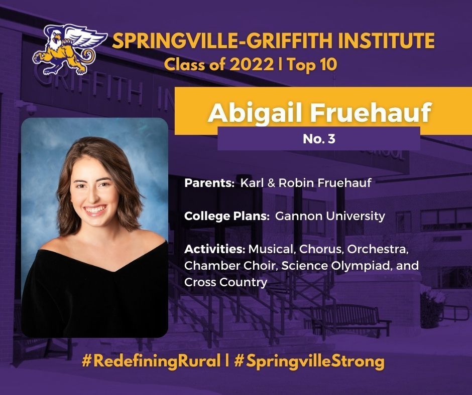 Abigail Fruehauf is the daughter of Karl and Robin Fruehauf and will attend Gannon University next fall.     At SGI, she served as Student Council Treasurer, Key Club President, NHS Vice President, and participated in Musical, Chorus, Orchestra, Chamber Choir, Science Olympiad, and Cross Country.   Fruehauf received the President's Education Outstanding Academic Excellence award,  Biology Science Award from the New York State Science Education Leadership Association,  U.S. Department of Energy Certificate of Recognition for Achievement in Physics, Society of the Mayflower Descendants Award for US History, Mathematics Achievement Certificates for Math League, Certificate of Excellence in Spanish, Mathematics and Science Award from the Air Force Recruiting Service.  Her hobbies and interests include dancing, reading, baking, listening to music, singing, driving, eating, swimming, hiking, paddle boarding, spending time with friends, piano, and skateboarding. 