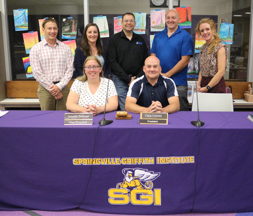 The SGI Board of Education. Second row (from left): Joseph Lowry III, Michele Idzik, Daniel Miess, Bryon Bobseine, Jessica Schuster in the second row. First row (from left): Jennifer Sullivan, vice president, and Chris Cerrone, president.