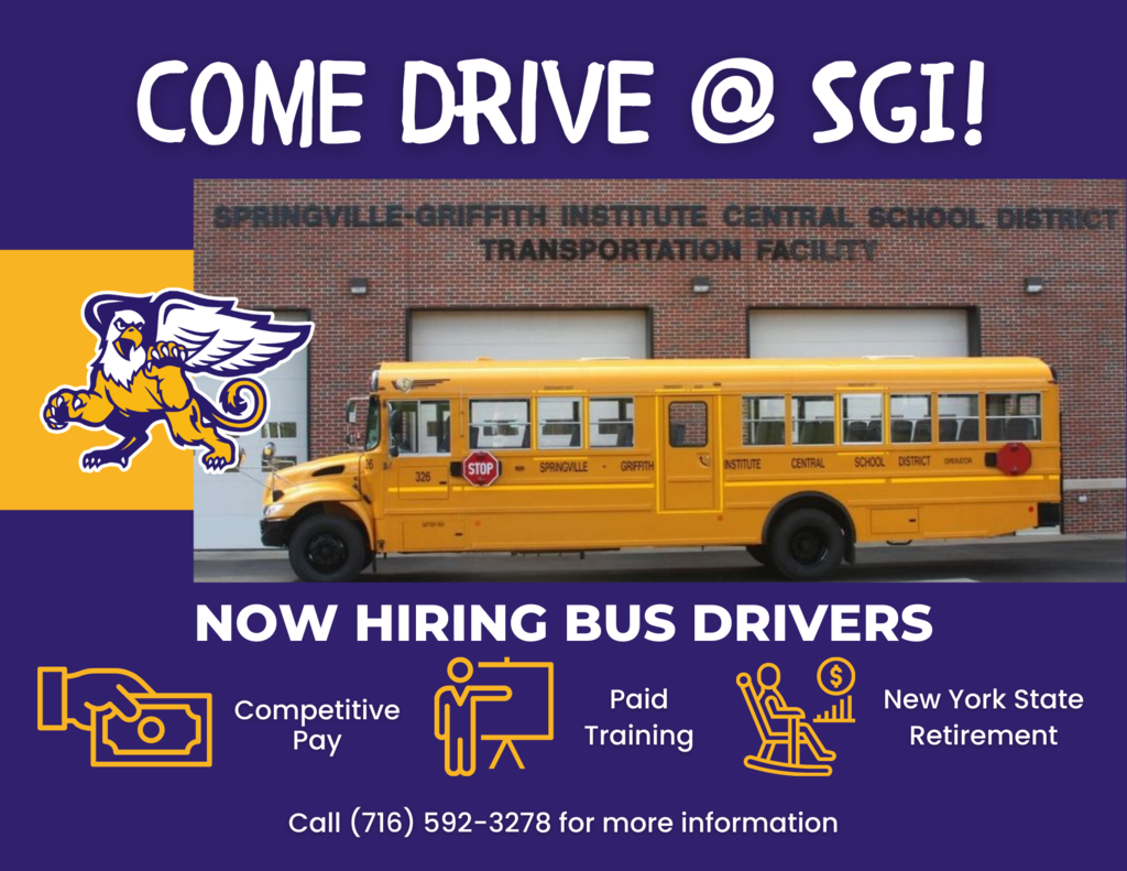 Come Drive @ SGI. Now Hiring Bus Drivers: Competitive Pay. Paid Training. New York State Retirement. Call (716) 592-3278 for more information. 